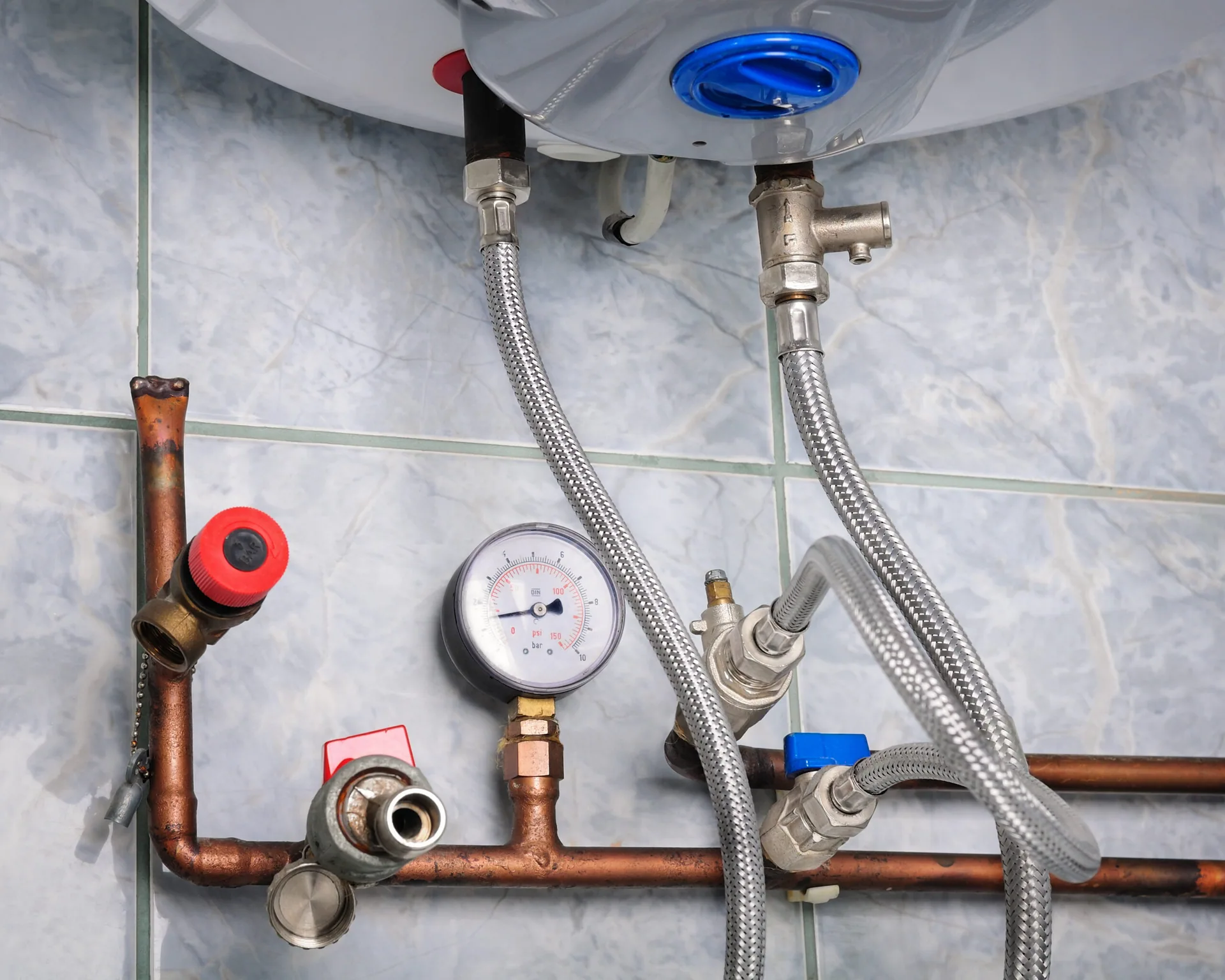 Pressure gauge copper manifold braided hoses under tank winchester woburn