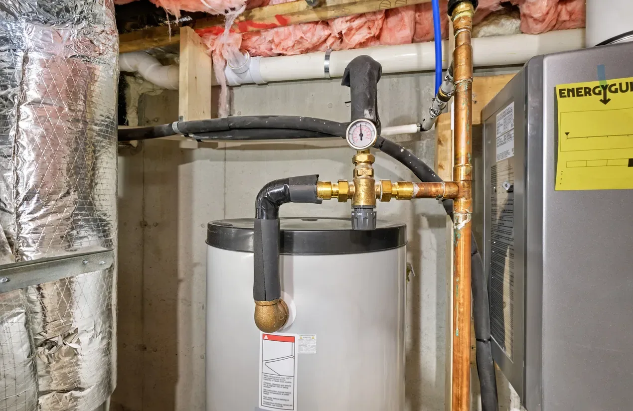 Short white indirect water heater brass mixing valve gauge copper riser malden e