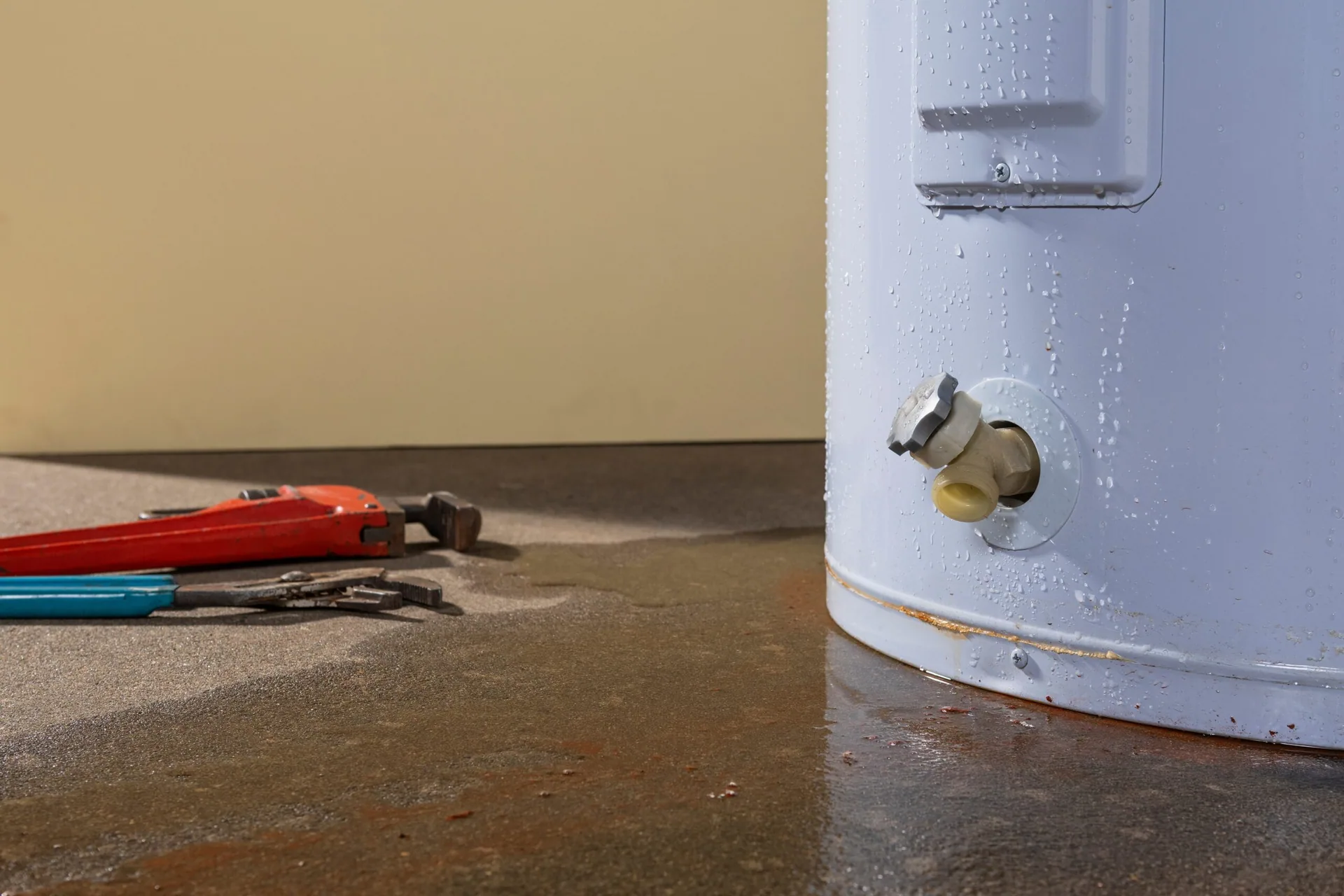 Water heater drain valve wet floor pipe wrenches leak malden woburn
